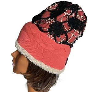 Jamont Knit Beanie Hat Orange and Black with Metallic Gold Accent Plush Lining